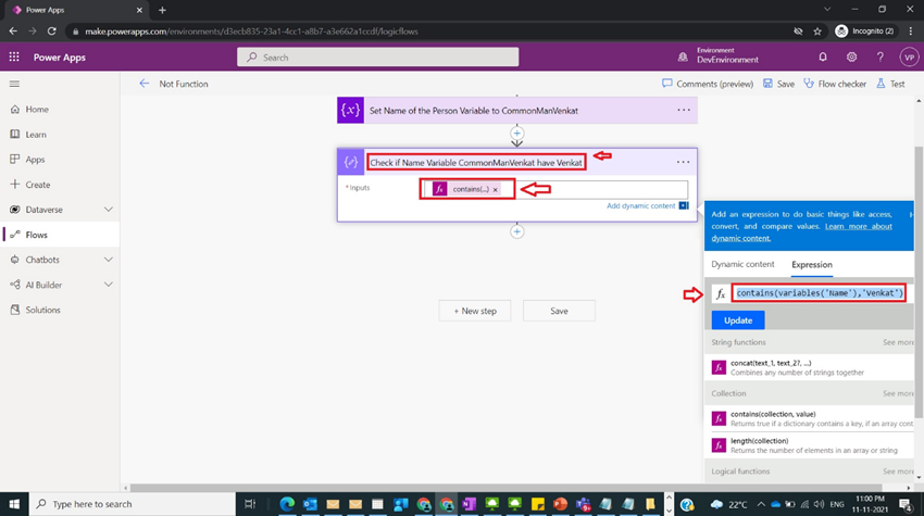 Usage of Not Function in Power Automate